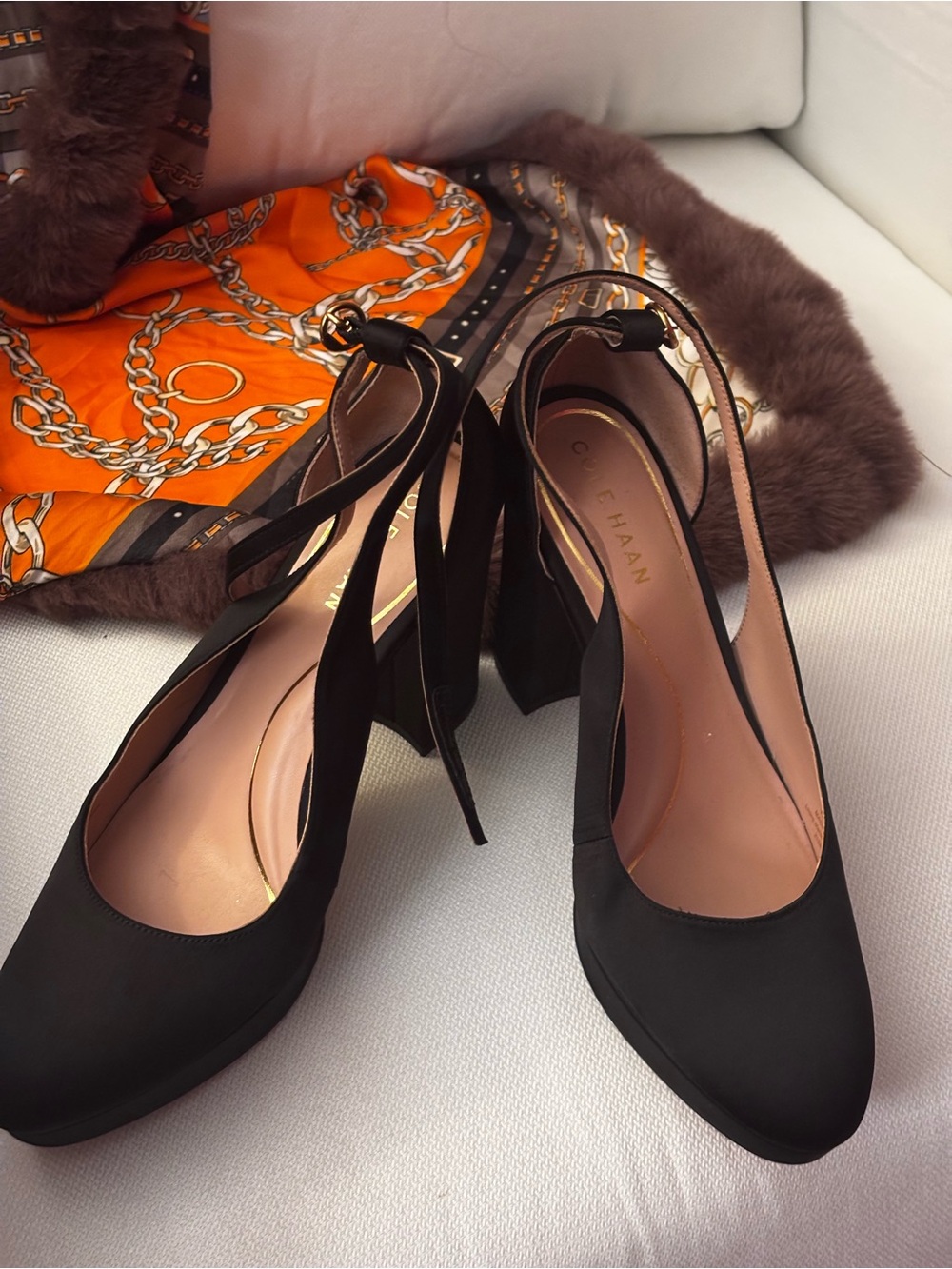 Cole Haan Black leather Slingback Block Heels with Ankle Tie